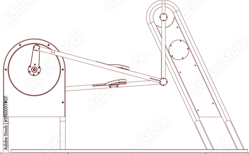 Technical engineering drawing showing a side elevation of an automated conveyor belt system with a drive mechanism and inclined transport section.