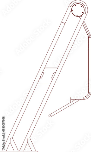 Technical drawing showing a side elevation of an inclined conveyor belt system with a top pulley mechanism and support legs in reddish-brown line art.