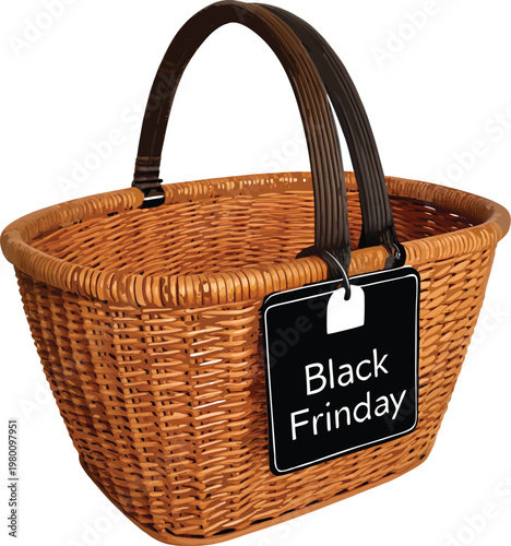 Empty Woven Basket with Handle and Black Friday Label Isolated on White Background Retail Discount Concept Minimal Product Photography