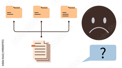 Data confusion, file organization, information management, digital error, document sorting, problem-solving. Three folders connected to documents, confused face and question mark. Data confusion