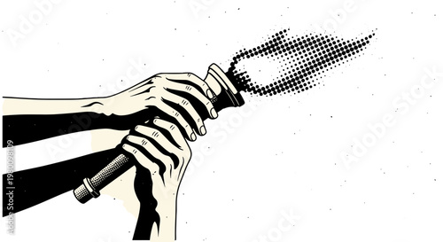 Hands holding and spraying a fire extinguisher