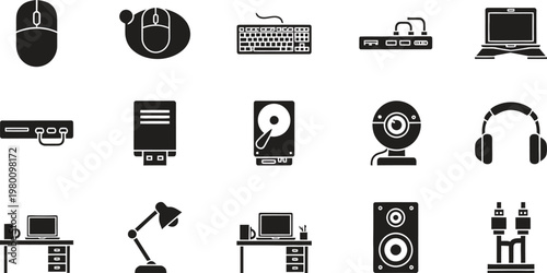 Black silhouette icons of computer hardware and accessories on a white background