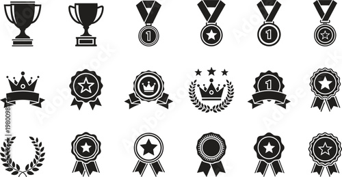 Black silhouette collection of awards trophies medals ribbons crowns and laurel wreaths on white background