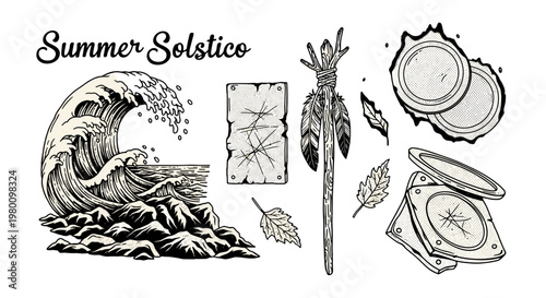 Summer solstice illustration with wave sun and natural elements