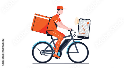 Flat-style vector artwork showing a courier riding an e-bike with a visible app route, highlighting gig work, set against a white background.