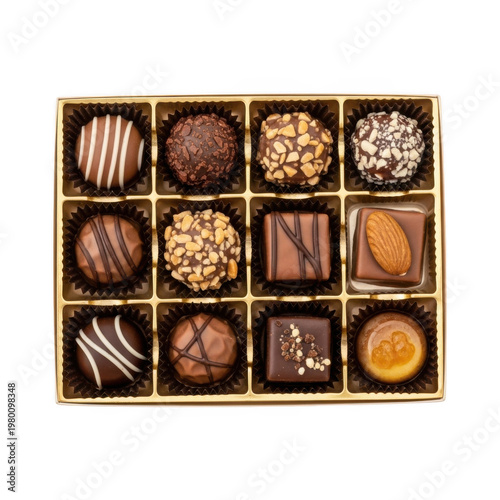 Assorted gourmet chocolates arranged in a decorative wooden box with compartments