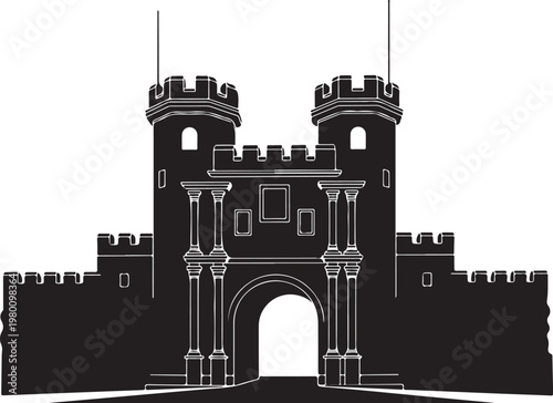 Black medieval castle gate, fortress entrance, ancient architecture, silhouette illustration
