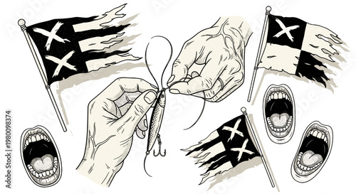 Hand holding a protest flag with screaming faces and flags in black