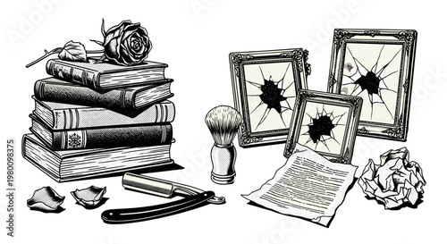 Black and white illustration of a cluttered desk with broken glass