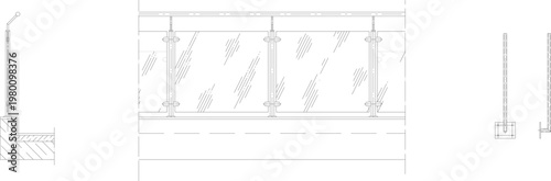 Technical architectural drawing showing details of a glass balustrade system with vertical posts and clamps in front elevation and side section views