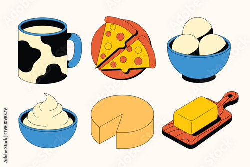 Assortment of dairy products and pizza slices with illustration isometric collection ingredient appetite delicious graphics restaurant
