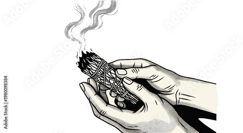Hand holding a burning cigarette with smoke rising in black and white