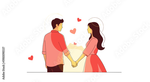 Cute couple holding hands with hearts around them