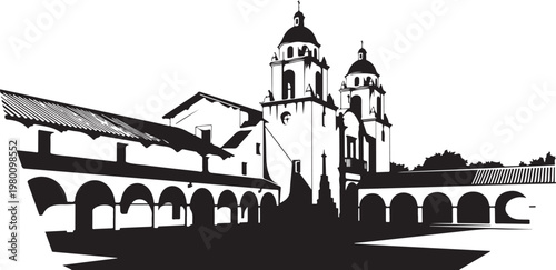 Spanish mission, black silhouette, architectural vector, building icons