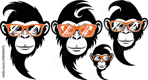 Monkey faces with orange glasses, vector illustrations, fun primate icons, colorful animal graphics