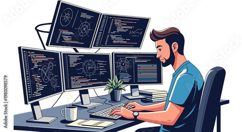 Young male software developer working at multiple computer screens