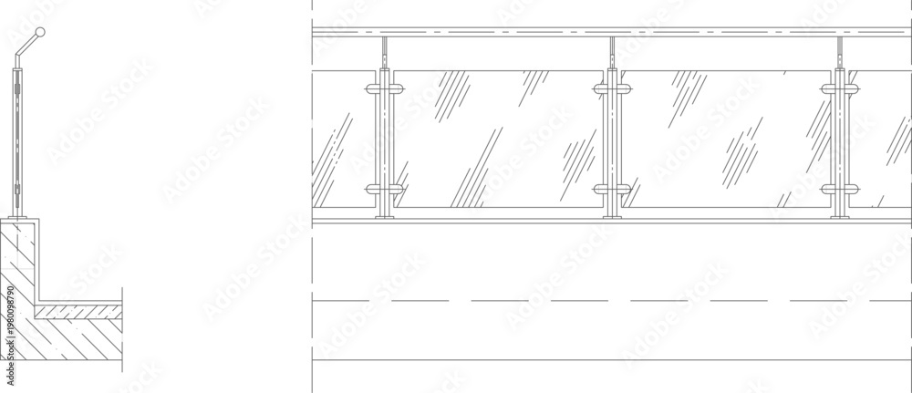 Obraz premium Technical architectural drawing showing a glass balustrade system with vertical posts and handrail in side section and front elevation views.