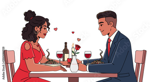 Couple enjoying romantic dinner at restaurant with wine and flowers