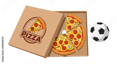 Open pizza box with two slices and soccer ball on beige surface