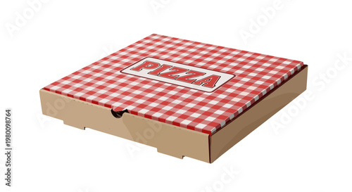 Closed pizza box with checkered tablecloth pattern on top