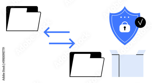 Data transfer concept. Data and secure transfer between folders by shield and arrows. Data protection ensures security and integrity. For cybersecurity, information systems, IT infrastructure