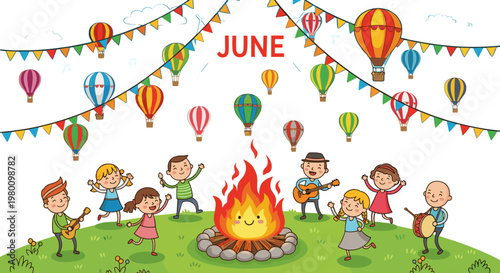 Children celebrating summer festival around campfire with balloons