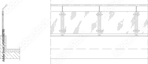 Technical architectural drawing showing a glass balustrade system with vertical posts and handrail in side section and front elevation views.