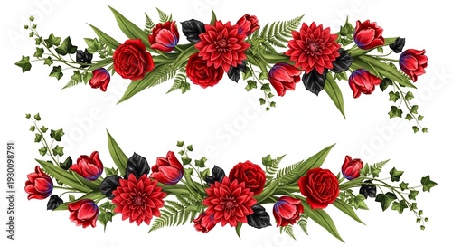 Floral borders, red flower garlands, green leaves, wedding decoration elements, floral arrangements