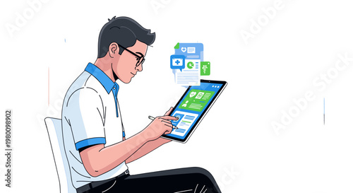 Young man using tablet with social media icons and notifications
