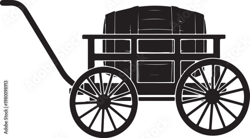 Vintage wooden wheelbarrow, black silhouette, gardening tool, farm equipment, vector icon