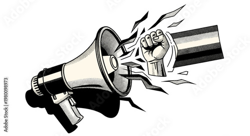 Hand holding megaphone shouting with loudspeaker for announcement