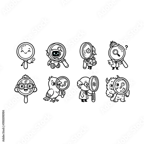 Magnifying glass cartoon characters exploring.