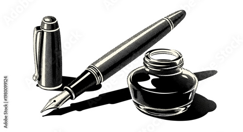 Elegant silver pen with ink bottle on reflective surface for writing