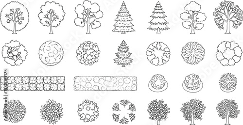 Black and White Tree and Shrub Icon Set Featuring Various Tree Types, Bushes, and Foliage for Landscaping and Garden Design