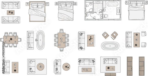 Isometric Furniture Layout Icon Set Featuring Bedroom, Living Room, Dining Room, and Bathroom Furniture for Interior Design