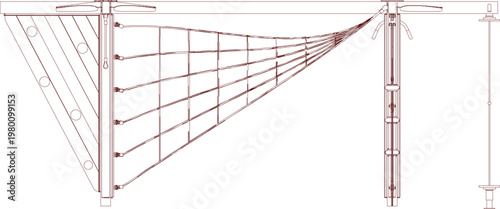 Technical architectural drawing showing a front elevation of a playground climbing structure with a rope net, vertical posts, and handholds in reddish-brown line art.