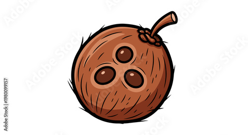Cartoon coconut with three holes and a small stem on top