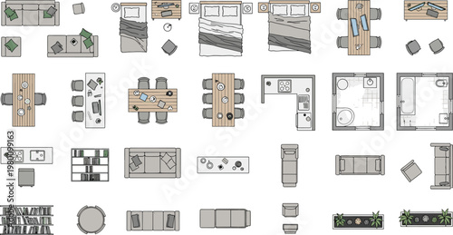 Isometric Furniture Layout Icon Set Featuring Living Room, Bedroom, Dining Room, and Office Furniture Including Sofas, Tables, and Shelving Units