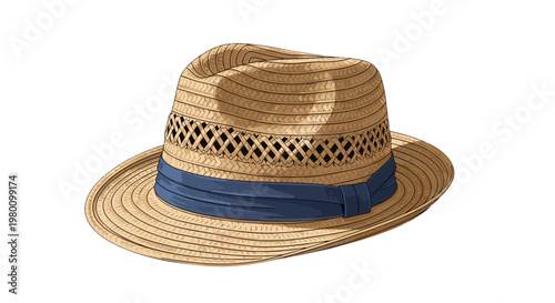 Straw hat with a blue ribbon on a plain background for summer fashion