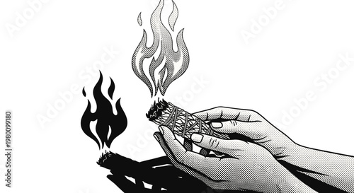 Hand holding burning incense stick with smoke rising in black and white