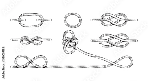 Collection of different rope knots and loops isolated on white background