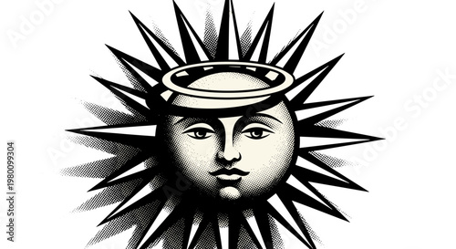 Stylized sun with face and halo, artistic celestial illustration