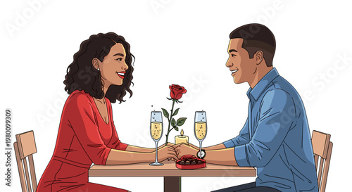 Couple enjoying romantic dinner with flowers and champagne at restaurant