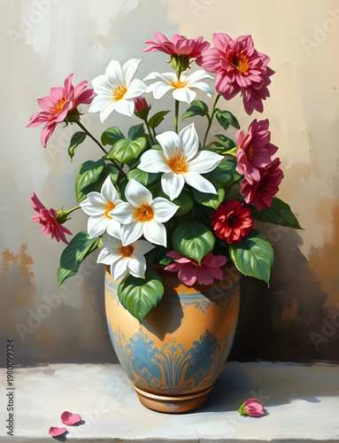 flower, flowers, vase, bouquet, floral, blossom, petals, bloom, arrangement, plant, nature, stilllife, oilpainting, painting, art, artwork, canvas, brush, texture, color, vibrant, pastel, soft, vintag