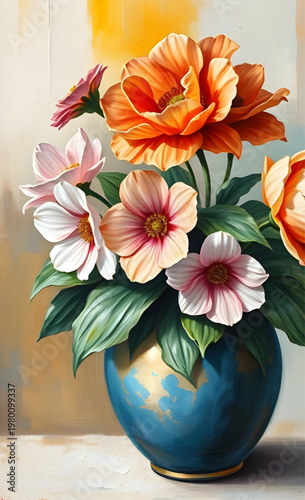 flower, flowers, vase, bouquet, floral, blossom, petals, bloom, arrangement, plant, nature, stilllife, oilpainting, painting, art, artwork, canvas, brush, texture, color, vibrant, pastel, soft, vintag