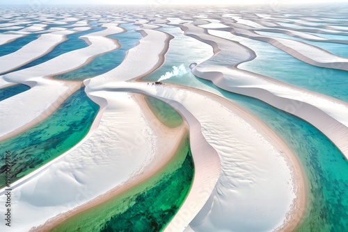 Surreal aerial view of Lençóis Maranhenses with a vintage steam train and desert village