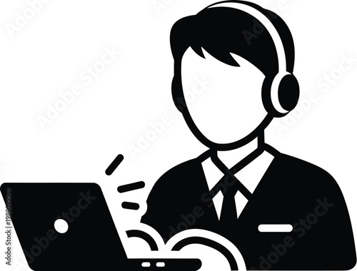 Labor day remote work celebrating workers with a man using laptop and headset