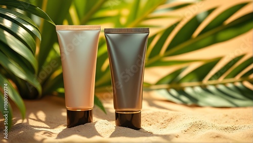 Two sleek cosmetic tubes stand on sand with green leaves, perfect for skincare or sunscreen products, showcasing a natural and tropical setting for beauty and wellness advertising.