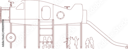 Technical architectural drawing showing a boat-shaped playground structure with a slide, ladder, and silhouettes of children playing underneath in elevation view.