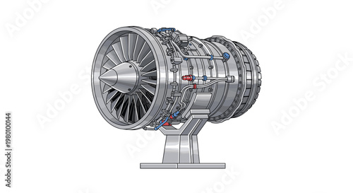 A complex metallic jet engine turbine assembly rests securely on a heavy duty steel pedestal against a pristine white background with sharp detailing.